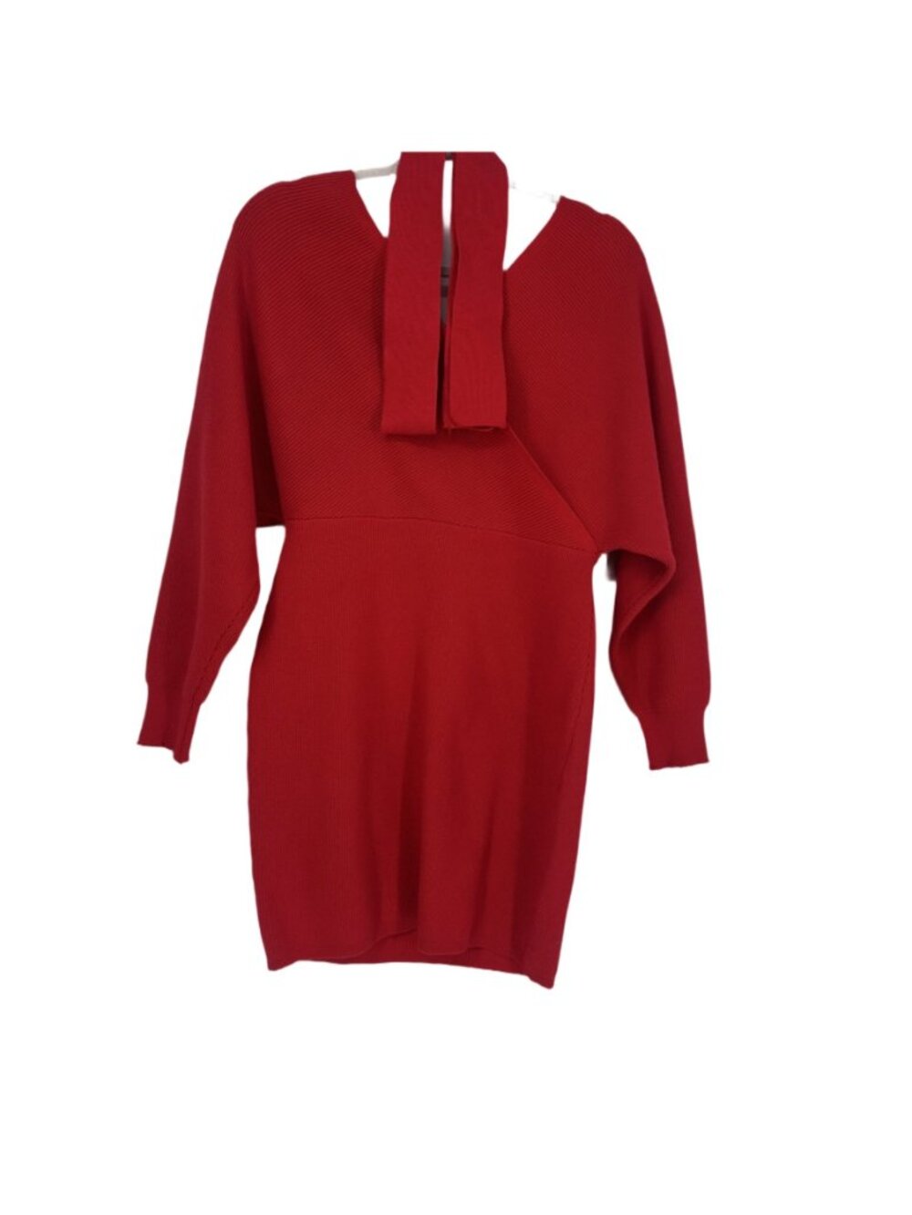 Dress Small Red Wrap Mini Ribbed Knit Sweater Bodycon Batwing Sleeve Party Glam - Picture 5 of 7